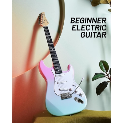 Leo Jaymz Pink cyan fade Beginner Electric Guitar Complete Kit with Portable Amp Padded Gig Bag Full Accessories Maple Neck SSS Pickups