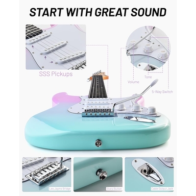 Leo Jaymz Pink cyan fade Beginner Electric Guitar Complete Kit with Portable Amp Padded Gig Bag Full Accessories Maple Neck SSS Pickups