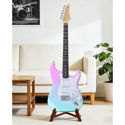 Leo Jaymz Pink cyan fade Beginner Electric Guitar Complete Kit with Portable Amp Padded Gig Bag Full Accessories Maple Neck SSS Pickups