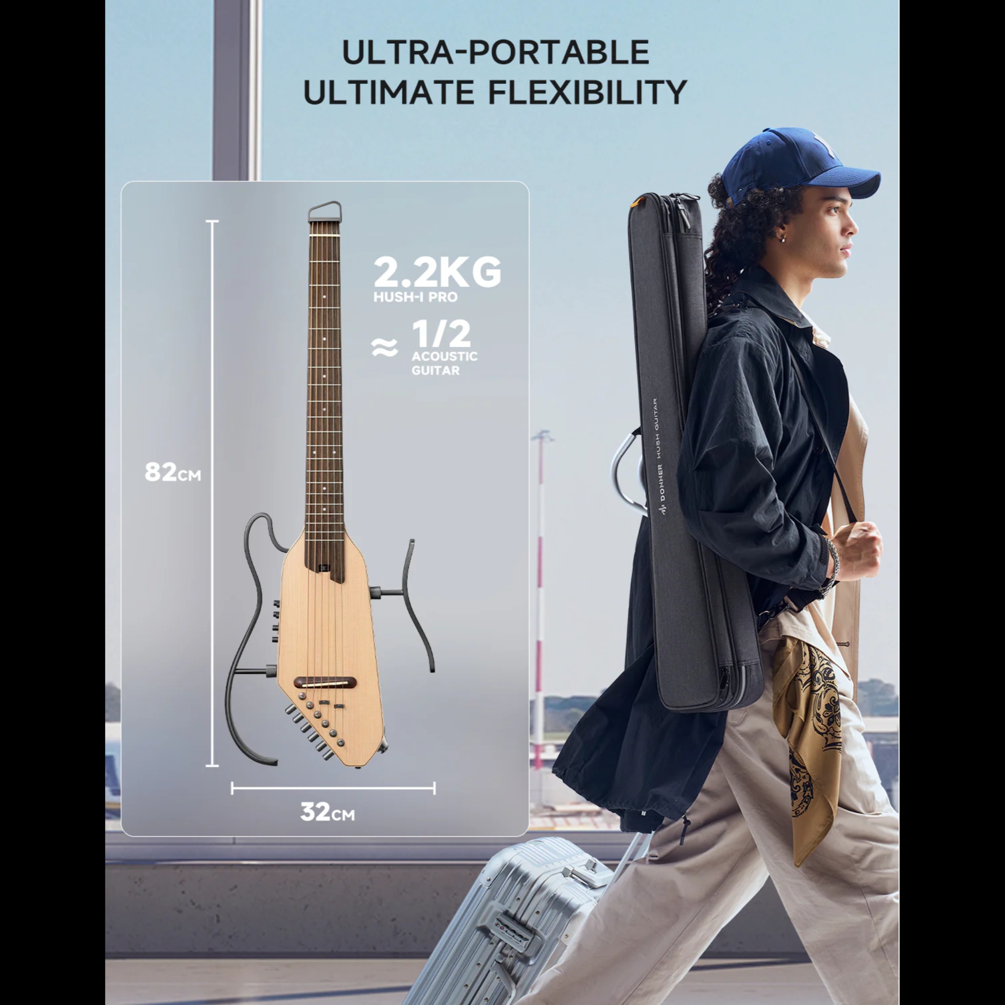 Donner HUSH-I PRO Natural Acoustic-Electric Travel Guitar Kit with onboard Effects