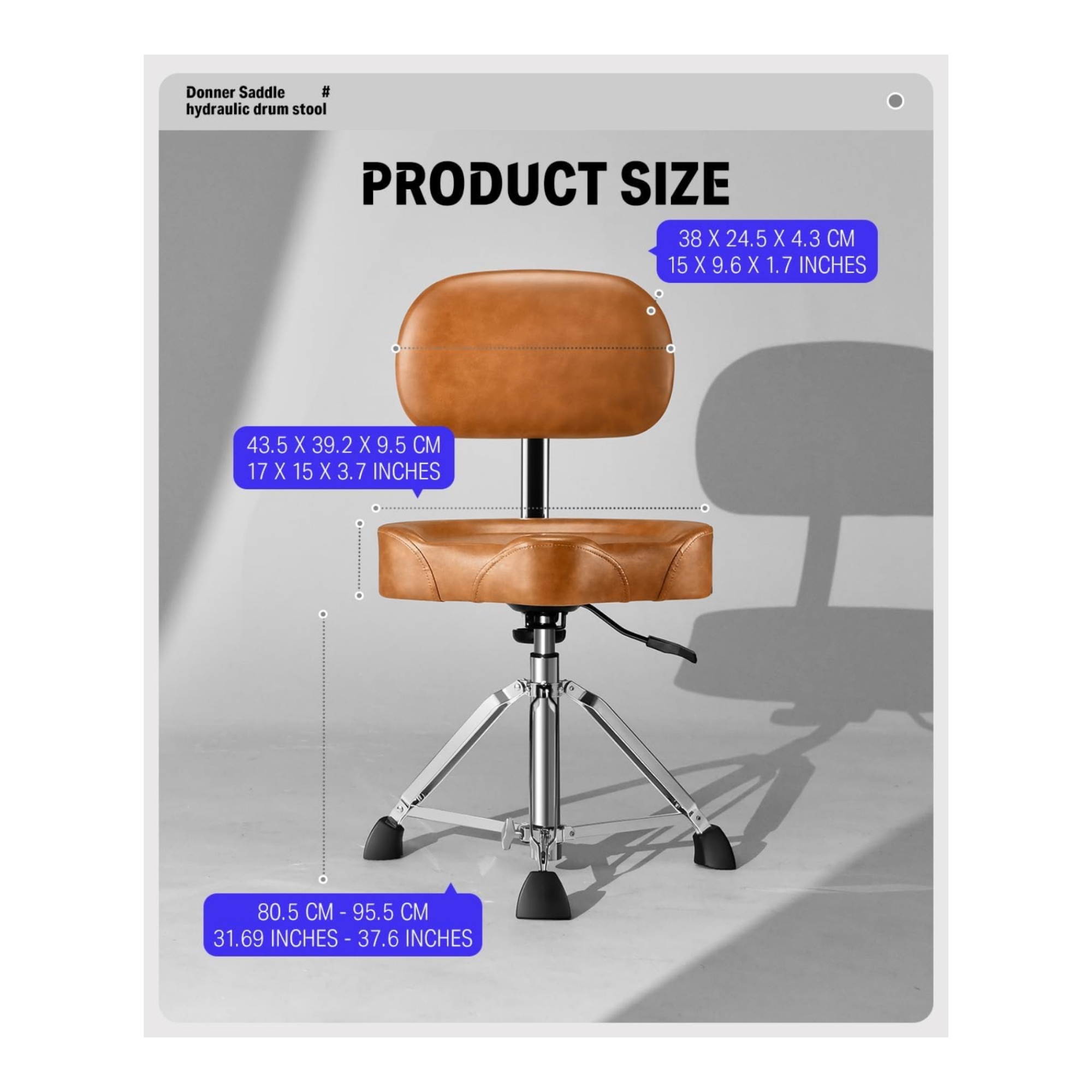 Donner DHT250 Drum Throne with Backrest Heavy Duty Hydraulic Drum Stool Height Adjustable Motorcycle Style Drum Seat Saddle Drum Throne for Adults Drummers BROWN