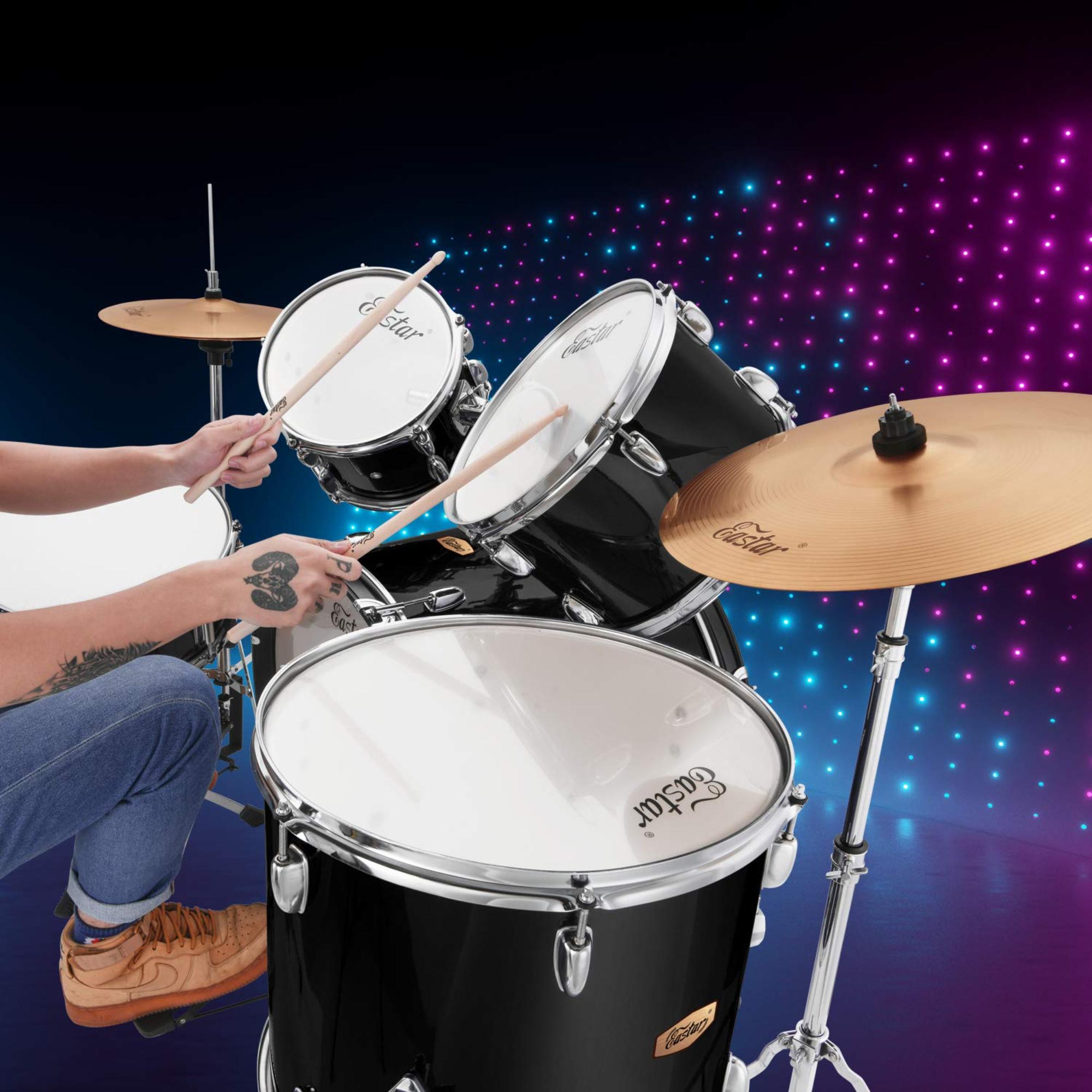 Donner Drum Set Eastar 22 inch for Adults 5 Piece Full Size Drum Kit Junior Beginner with Pedal Cymbals Stands Stool and Sticks Mirror Black