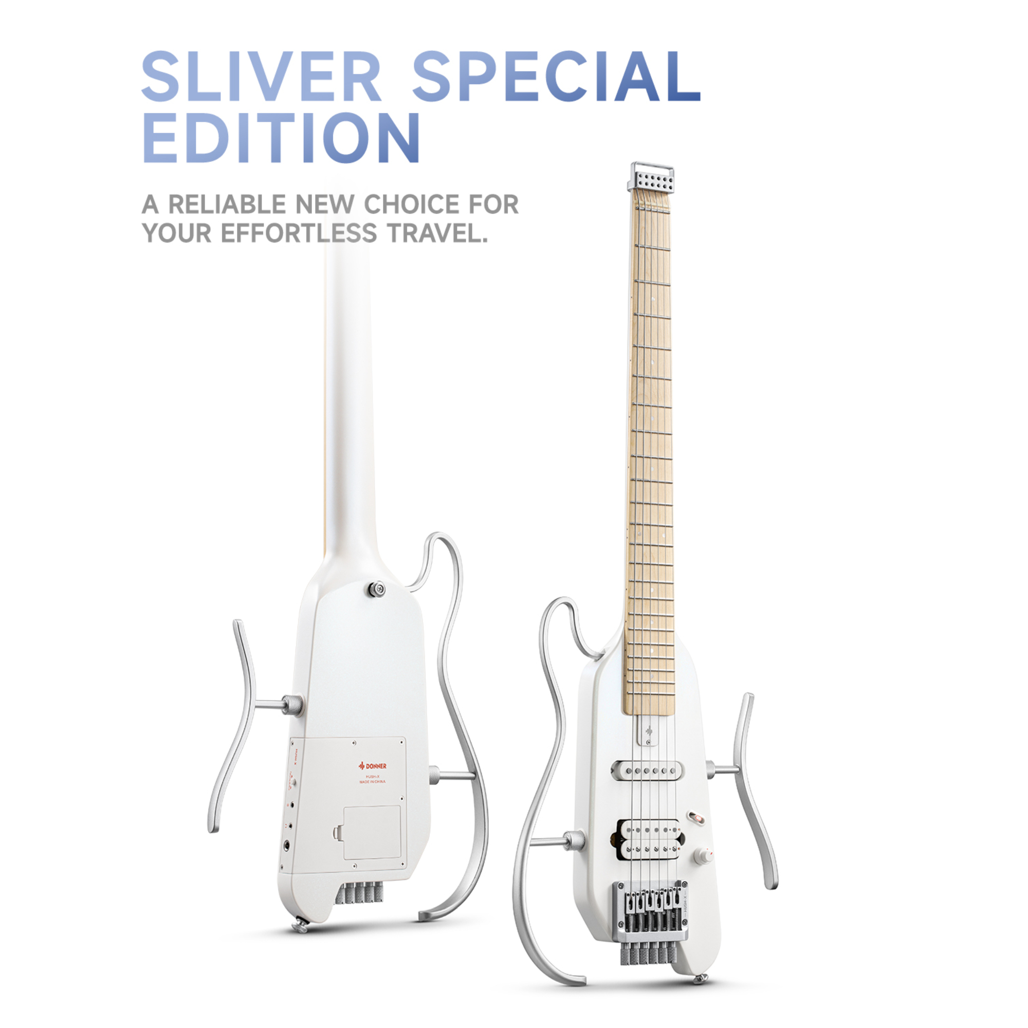 Donner HUSH-X Electric Guitar Kit white - Featherlight Headless Guitar Great for Travel and Practice Mahogany Solid Body with Easy Assemble Stands Gig Bag All Accessories