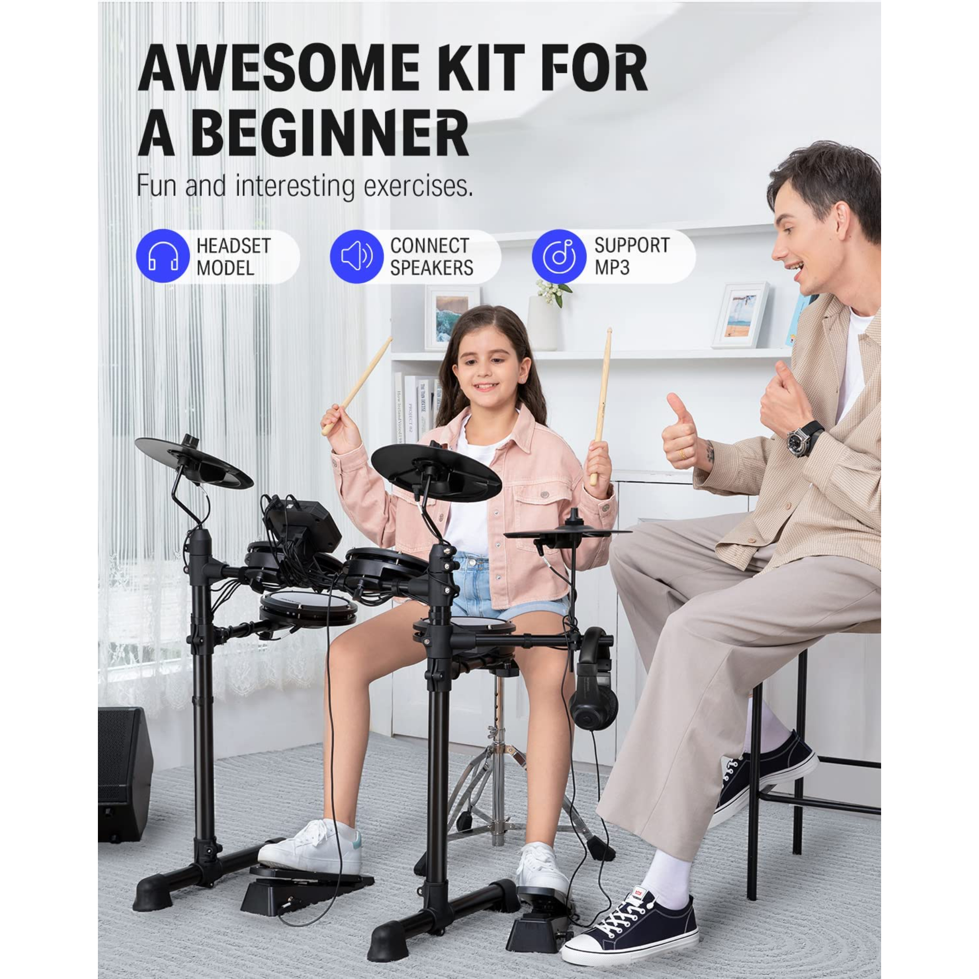 Donner DED-95 Electric Drum Set Electronic Drum Kit for Beginner with Kick Drum180 Sounds Quiet Mesh Drum Set with Drum ThroneSticks Headphone and 40 Melodics Lessons New Upgraded