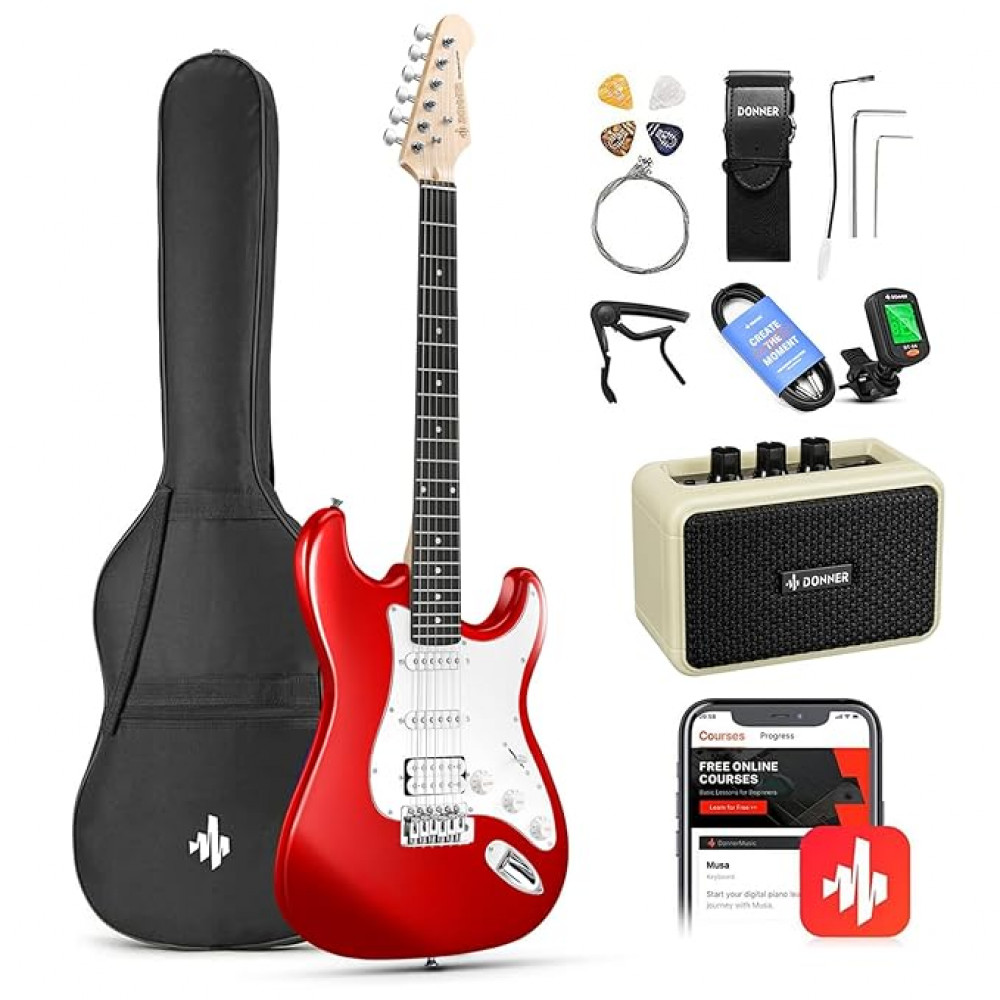 Image of Donner DST-100R 39 Inch Full Size Electric Guitar Kit Solid Body Sonic Red Beginner Starter, with Amplifier, Bag, Capo, Strap, String, Tuner, Cable, Picks
