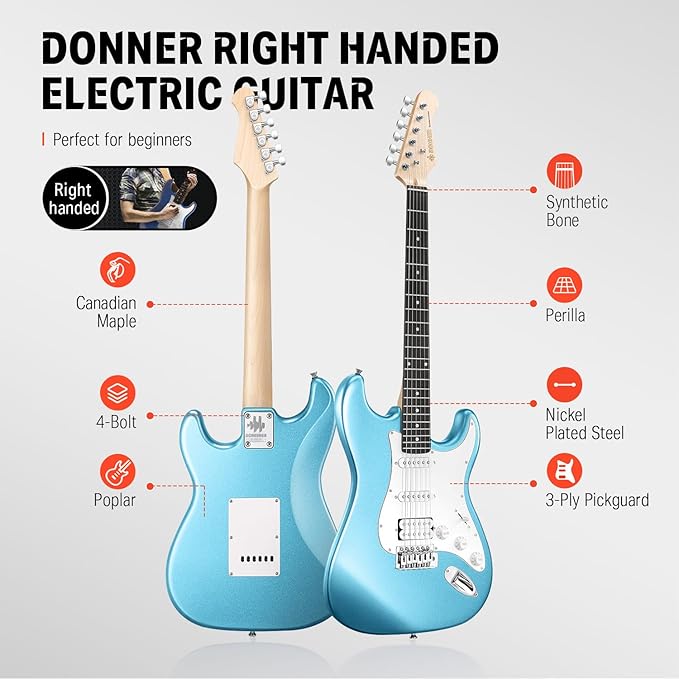 Donner DST-100T 39 Inch Full Size Electric Guitar Kit Solid Body Tidepool Beginner Starter with Amplifier Bag Capo Strap String Tuner Cable Picks