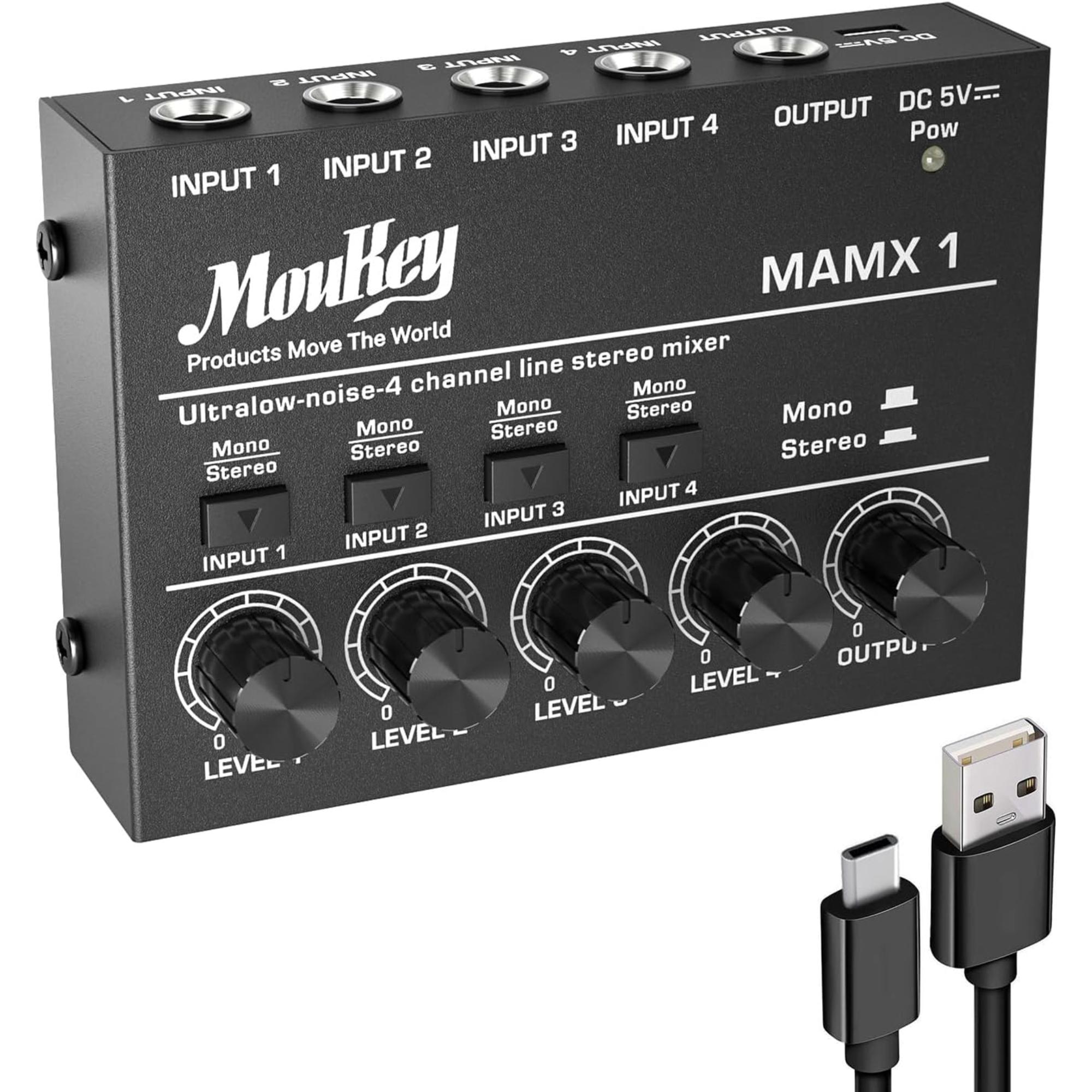 Moukey Mini Audio Mixer Line Mixer DC 5V 4-Stereo Ultra Low-Noise 4-Channel for Sub-Mixing for Small Clubs or Bars As Guitars Bass Keyboards Mixer 2021 New Version-MAMX1