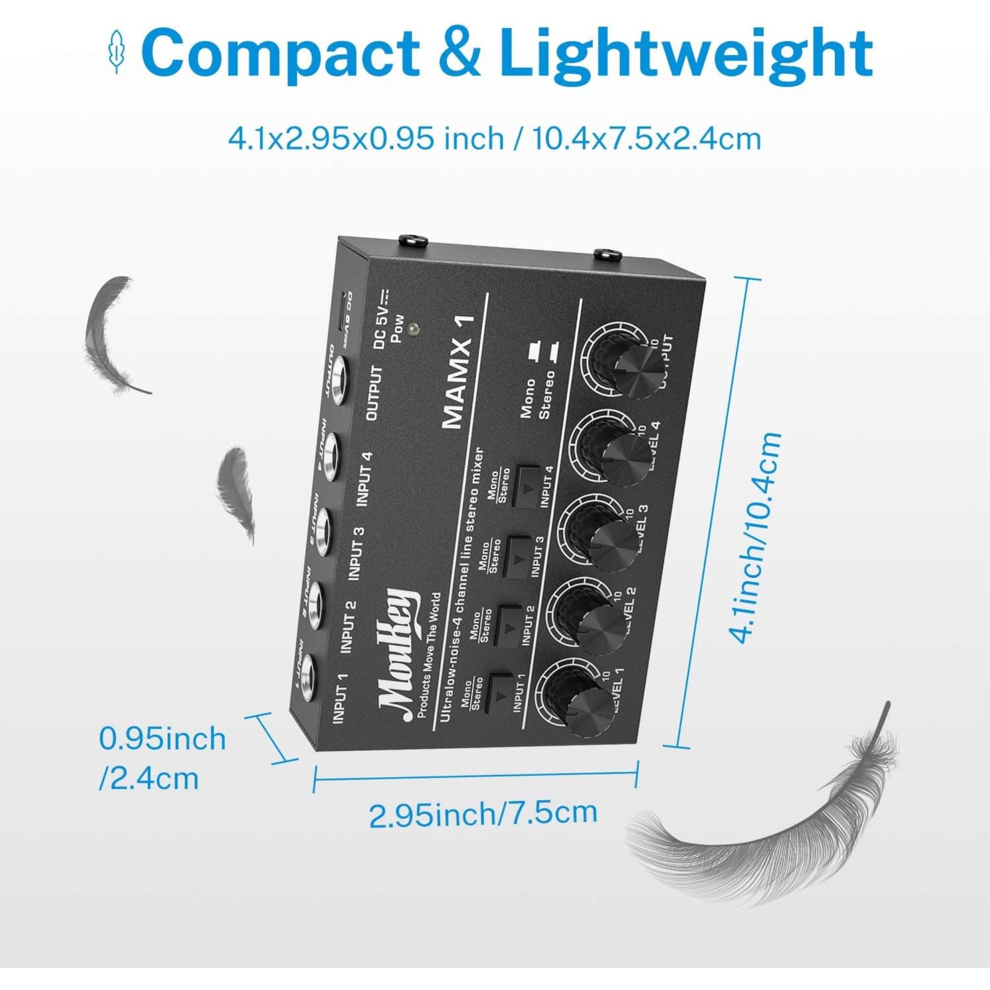 Moukey Mini Audio Mixer Line Mixer DC 5V 4-Stereo Ultra Low-Noise 4-Channel for Sub-Mixing for Small Clubs or Bars As Guitars Bass Keyboards Mixer 2021 New Version-MAMX1