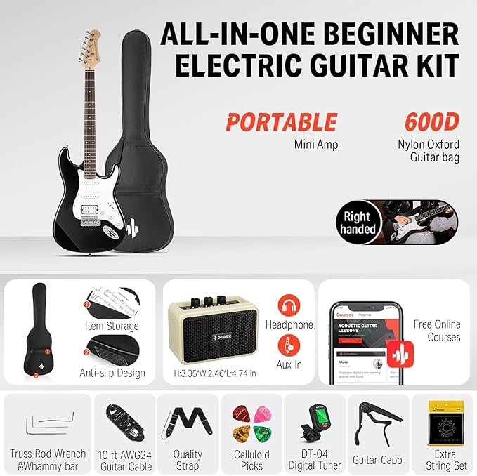 Donner DST-100B 39 Inch Full Size Electric Guitar Kit Solid Body black Beginner Starter with Amplifier Bag Capo Strap String Tuner Cable Picks