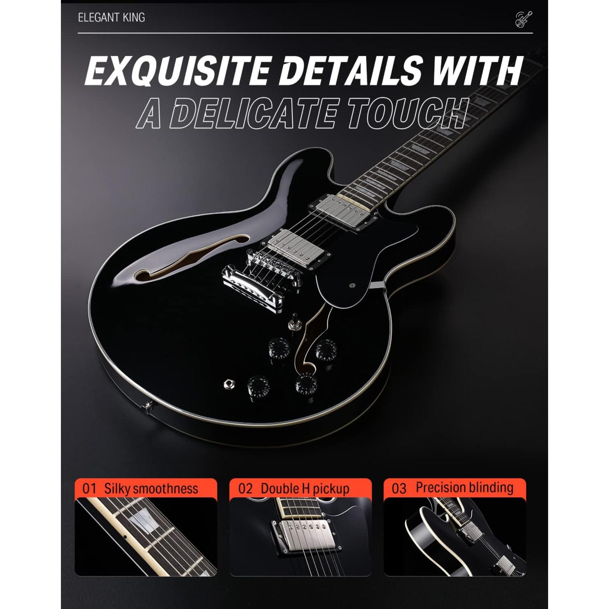 Donner Semi-Hollow Electric Guitar Black DJP-1000 Jazz Guitar with H-H Pickups Coil-splitting Function 335 Electric Guitar Bonus Bag Cable Strap