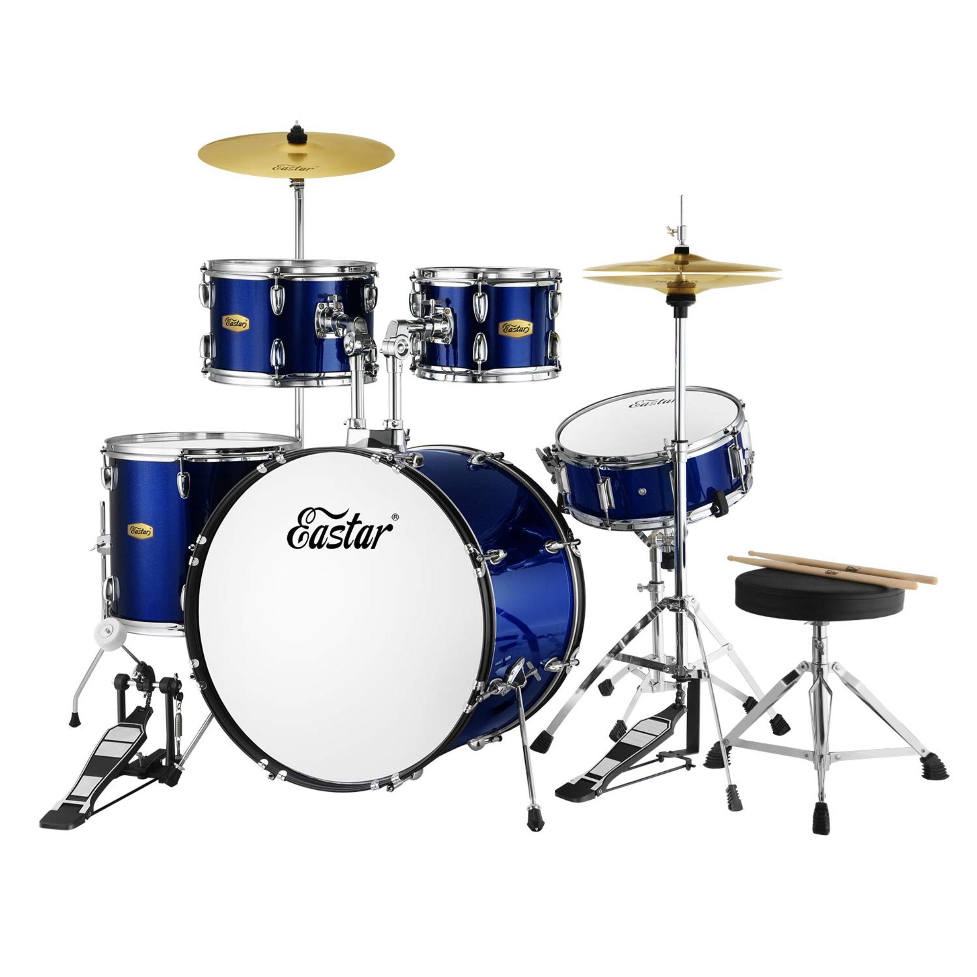 Donner Drum Set Metallic Blue Eastar 22 inch for Adults 5 Piece Full Size Drum Kit Junior Beginner with Pedal Cymbals Stands Stool and Sticks