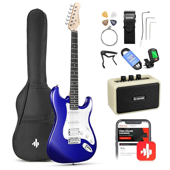 Donner DST-100L 39 Inch Full Size Electric Guitar Kit Solid Body Sapphire blue Beginner Starter with Amplifier Bag Capo Strap String Tuner Cable Picks