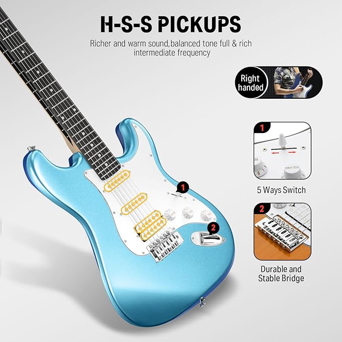 Donner DST-100T 39 Inch Full Size Electric Guitar Kit Solid Body Tidepool Beginner Starter with Amplifier Bag Capo Strap String Tuner Cable Picks