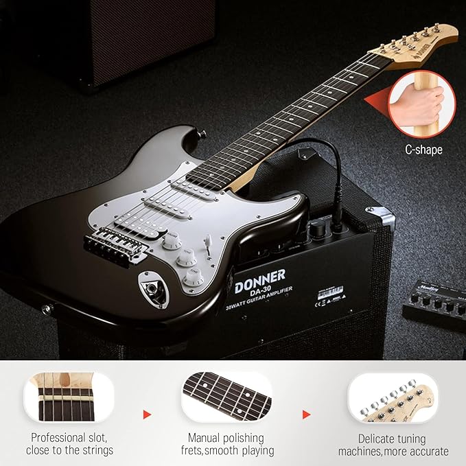 Donner DST-100B 39 Inch Full Size Electric Guitar Kit Solid Body black Beginner Starter with Amplifier Bag Capo Strap String Tuner Cable Picks
