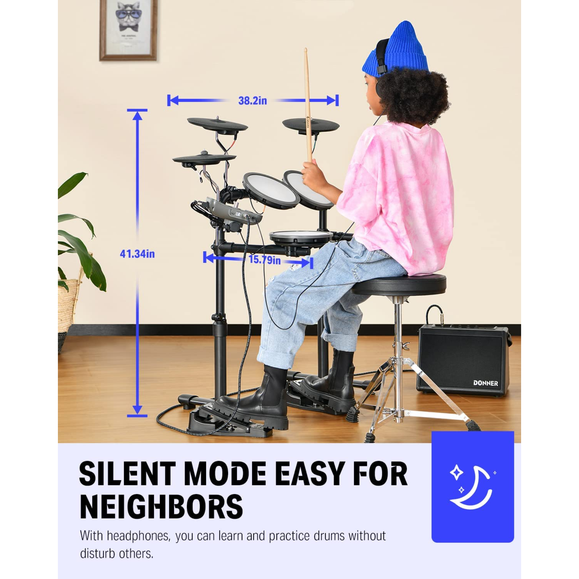 Donner DED-70 Electric Drum Set Quiet Electronic Drum Kit for Beginner with Mesh Pad Portable Drum Set Support Portable Charger Supply Drum Throne Sticks Headphone