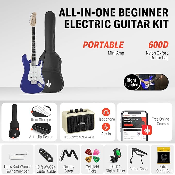 Donner DST-100L 39 Inch Full Size Electric Guitar Kit Solid Body Sapphire blue Beginner Starter with Amplifier Bag Capo Strap String Tuner Cable Picks