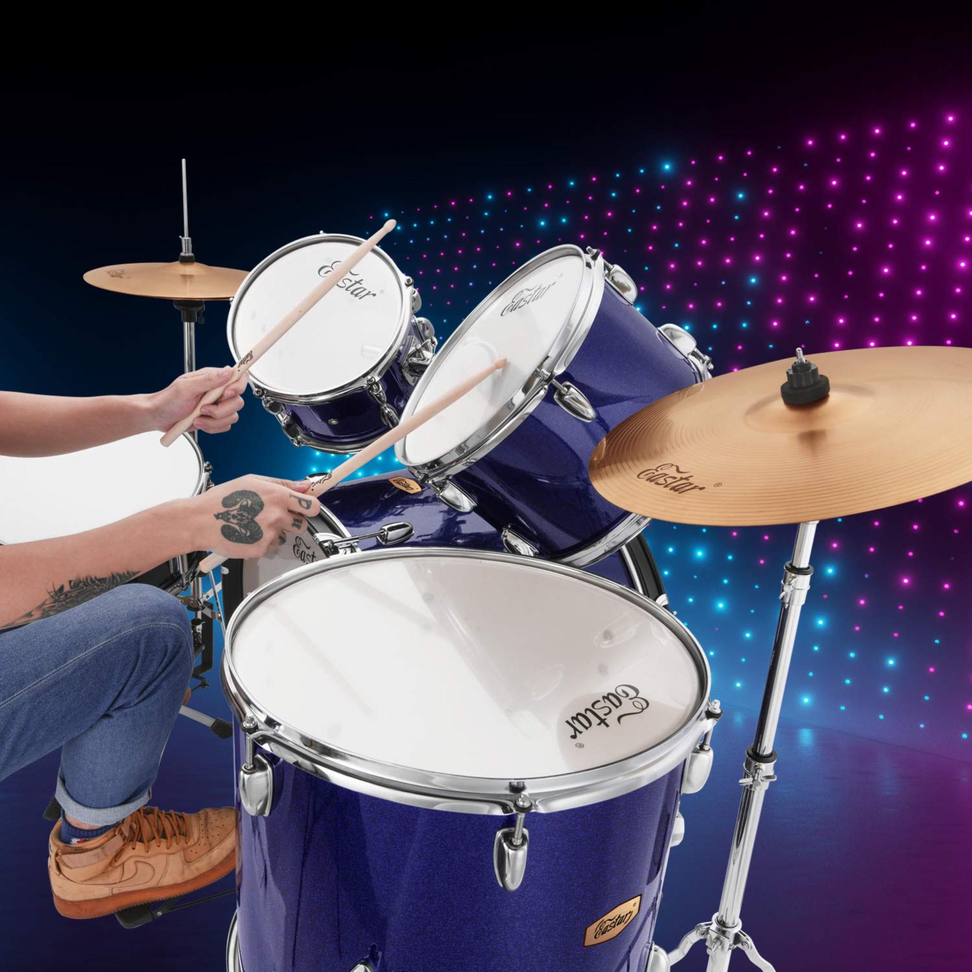 Donner Drum Set Metallic Blue Eastar 22 inch for Adults 5 Piece Full Size DrumKit Junior Beginner with Pedal Cymbals Stands Stool and Sticks