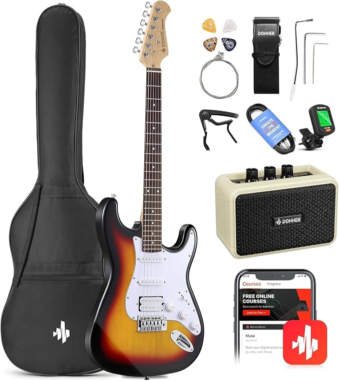 Donner DST-100S 39 Inch Full Size Electric Guitar Kit Solid Body Sunburst Beginner Starter with Amplifier Bag Capo Strap String Tuner Cable Picks