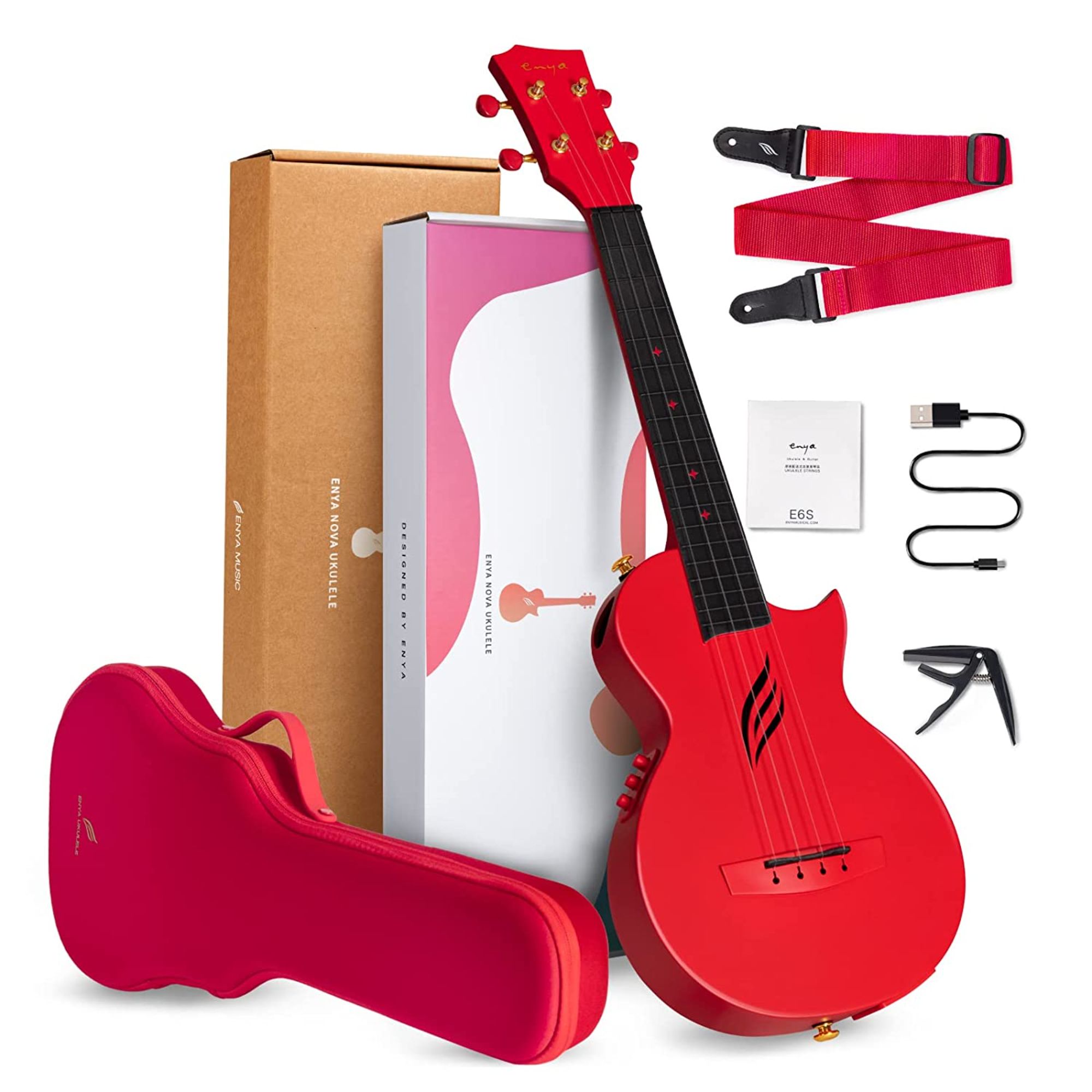 Enya Concert Nova UE Carbon Fiber Travel Ukulele with AcousticPlus- Red
