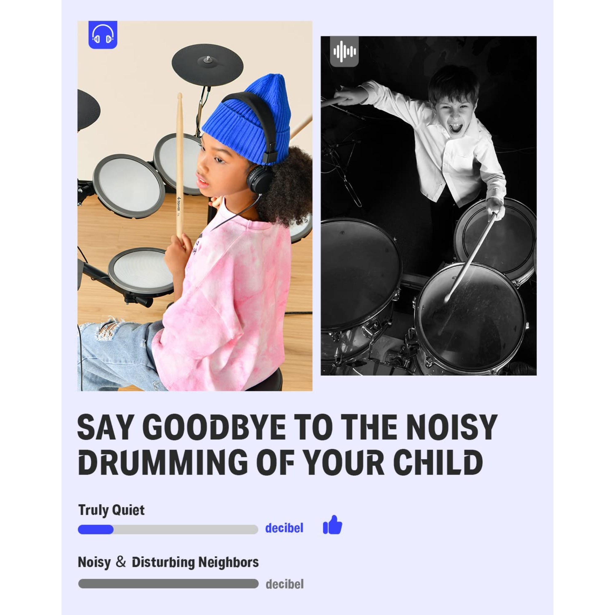 Donner DED-70 Electric Drum Set Quiet Electronic Drum Kit for Beginner with Mesh Pad Portable Drum Set Support Portable Charger Supply Drum Throne Sticks Headphone