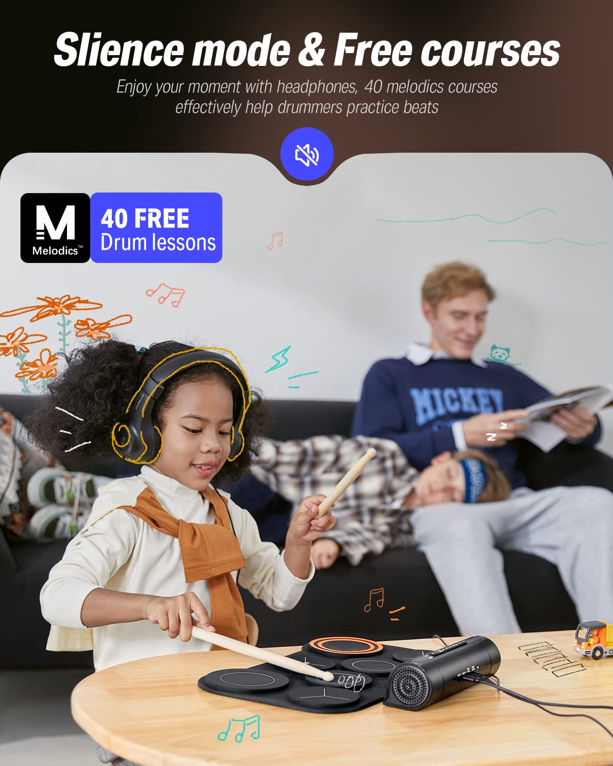 Donner DED20 Electronic Drum Set - 7 Pads Electric Roll Up Quiet Drum With Built-in Speaker 40 Lessons Included - Kids Holiday Christmas  Birthday Gift Instrument Toys