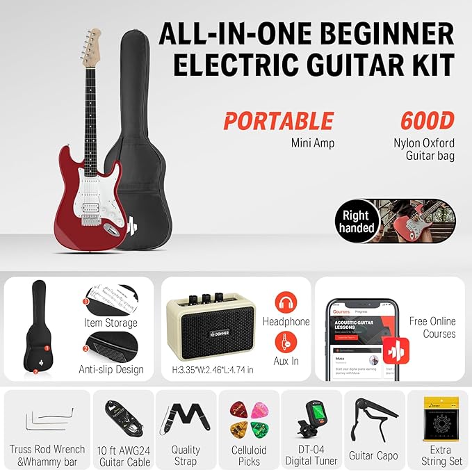 Donner DST-100R 39 Inch Full Size Electric Guitar Kit Solid Body Sonic Red Beginner Starter with Amplifier Bag Capo Strap String Tuner Cable Picks