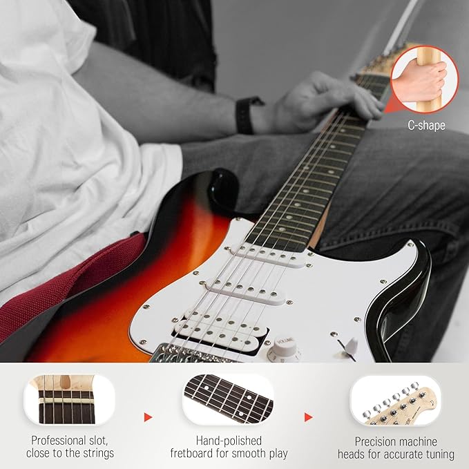 Donner DST-100S 39 Inch Full Size Electric Guitar Kit Solid Body Sunburst Beginner Starter with Amplifier Bag Capo Strap String Tuner Cable Picks