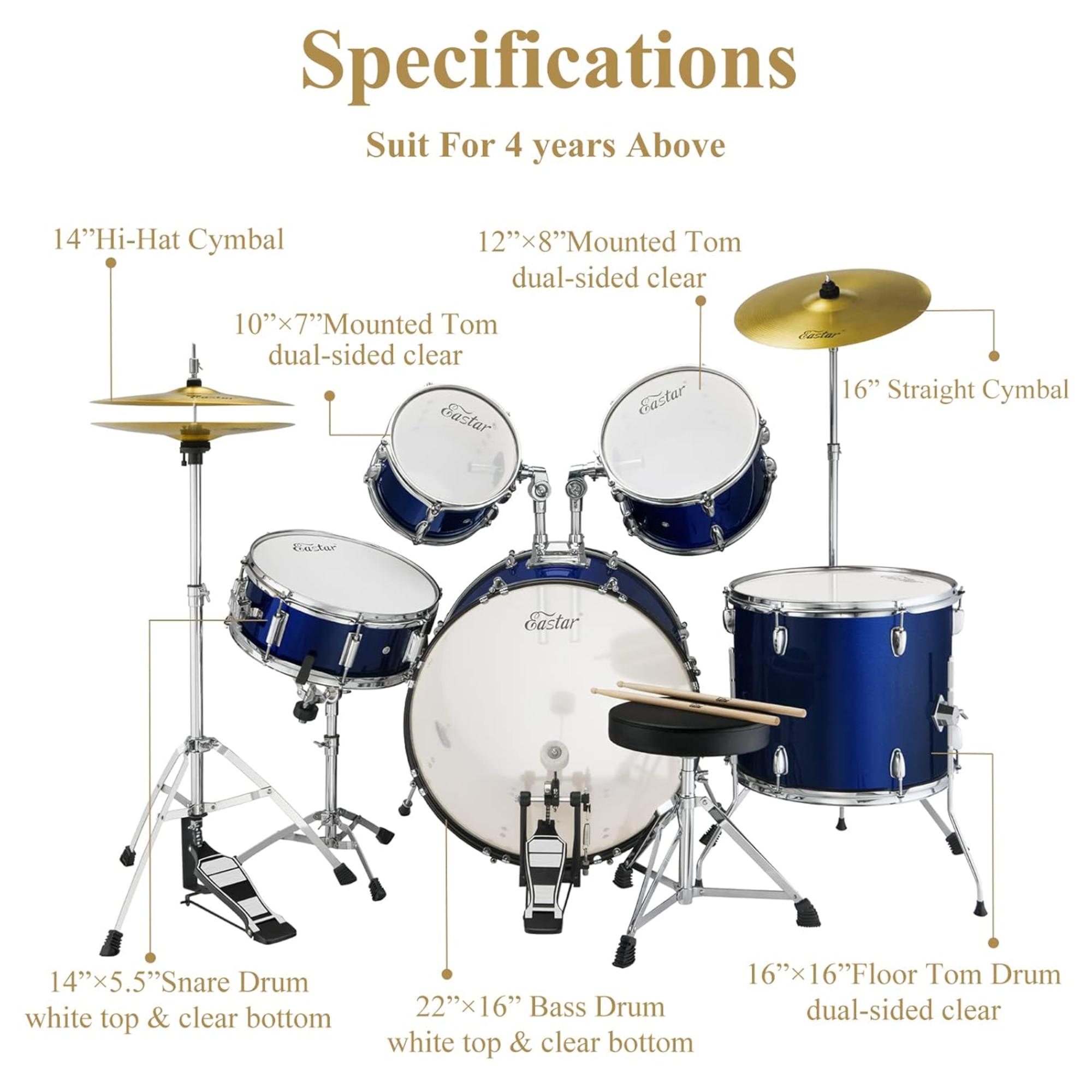 Donner Drum Set Metallic Blue Eastar 22 inch for Adults 5 Piece Full Size Drum Kit Junior Beginner with Pedal Cymbals Stands Stool and Sticks