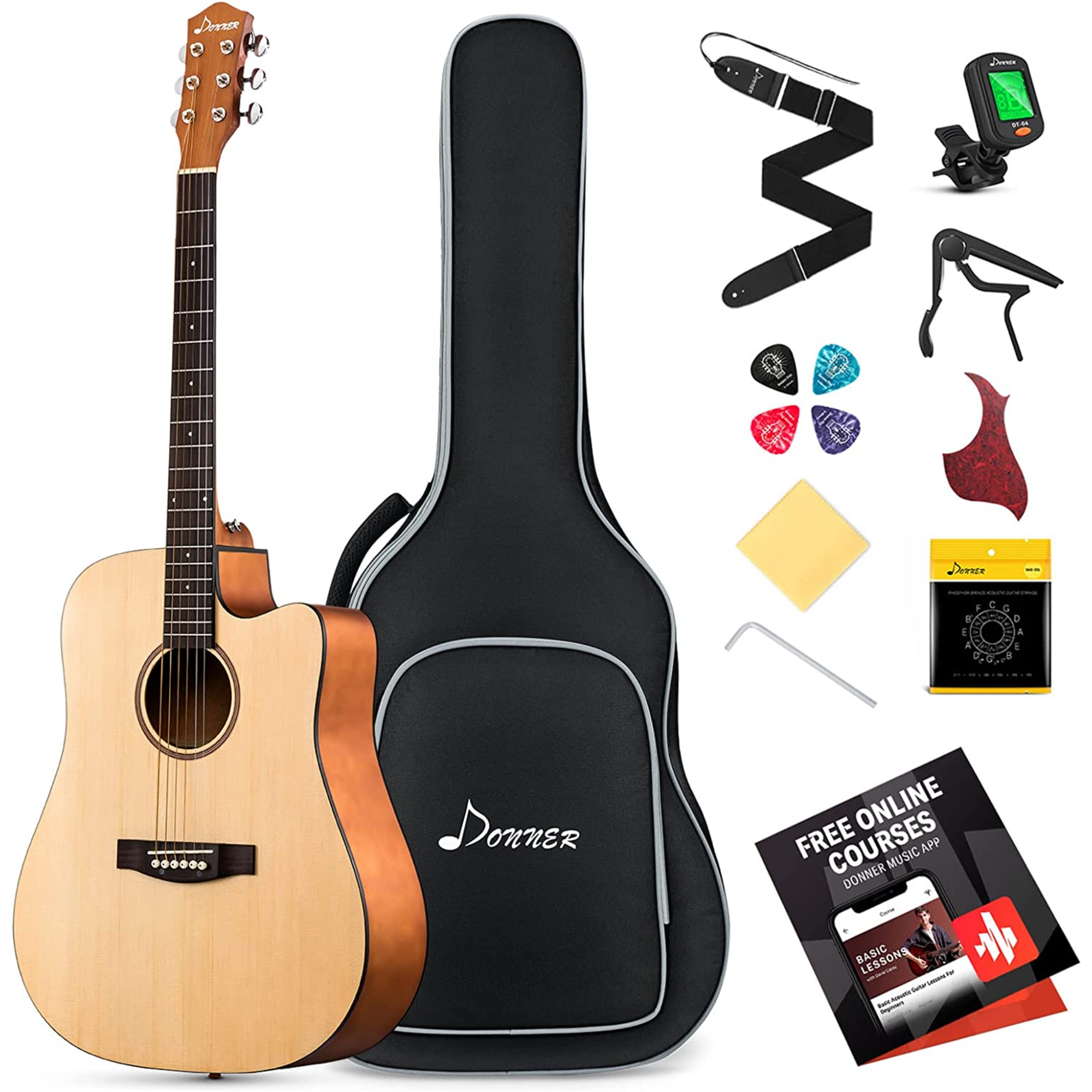 Donner DAD-140C Acoustic Guitar Beginner Adult Full Size 41 Inch Dreadnought Cutaway Acoustic Guitar Bundle Kit with Free Online Lesson Bag Tuner Capo Pickguard String Strap