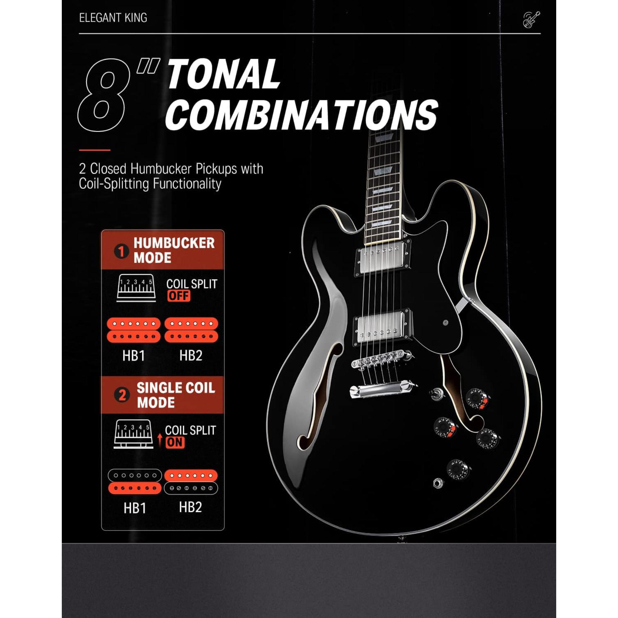 Donner Semi-Hollow Electric Guitar Black DJP-1000 Jazz Guitar with H-H Pickups Coil-splitting Function 335 Electric Guitar Bonus Bag Cable Strap