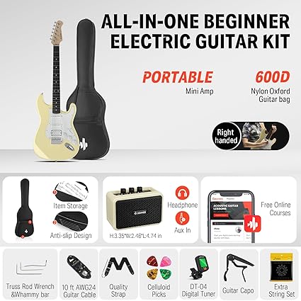 Donner DST-100W 39 Inch Full Size Electric Guitar Kit Solid Body Vintage white Beginner Starter with Amplifier Bag Capo Strap String Tuner Cable Picks