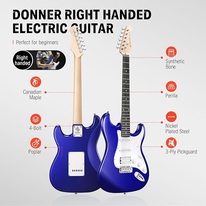 Donner DST-100L 39 Inch Full Size Electric Guitar Kit Solid Body Sapphire blue Beginner Starter with Amplifier Bag Capo Strap String Tuner Cable Picks