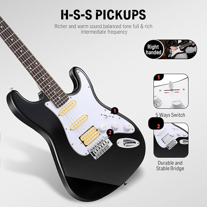 Donner DST-100B 39 Inch Full Size Electric Guitar Kit Solid Body black Beginner Starter with Amplifier Bag Capo Strap String Tuner Cable Picks