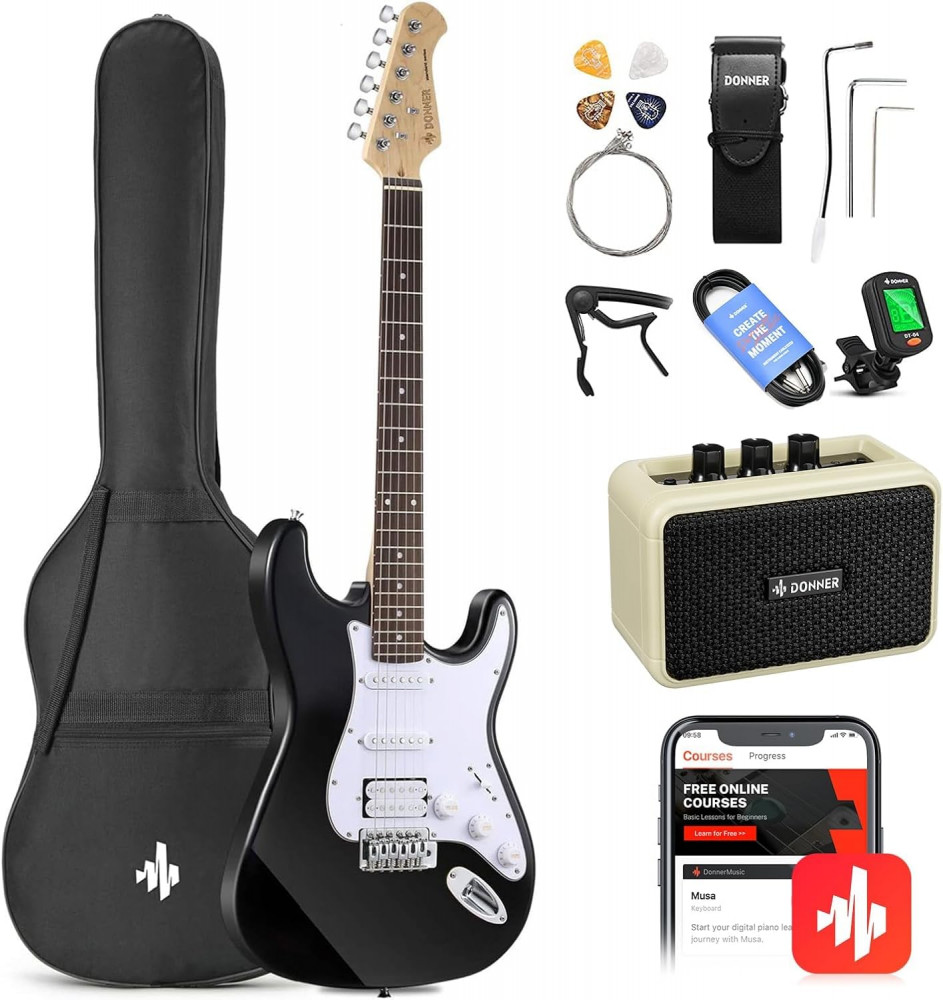Image of Donner DST-100B 39 Inch Full Size Electric Guitar Kit Solid Body black Beginner Starter, with Amplifier, Bag, Capo, Strap, String, Tuner, Cable, Picks