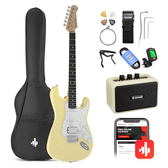 Donner DST-100W 39 Inch Full Size Electric Guitar Kit Solid Body Vintage white Beginner Starter with Amplifier Bag Capo Strap String Tuner Cable Picks