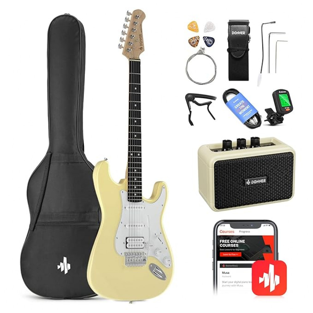 Image of Donner DST-100W 39 Inch Full Size Electric Guitar Kit Solid Body Vintage white Beginner Starter, with Amplifier, Bag, Capo, Strap, String, Tuner, Cable, Picks