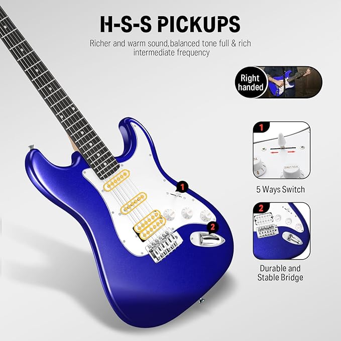 Donner DST-100L 39 Inch Full Size Electric Guitar Kit Solid Body Sapphire blue Beginner Starter with Amplifier Bag Capo Strap String Tuner Cable Picks