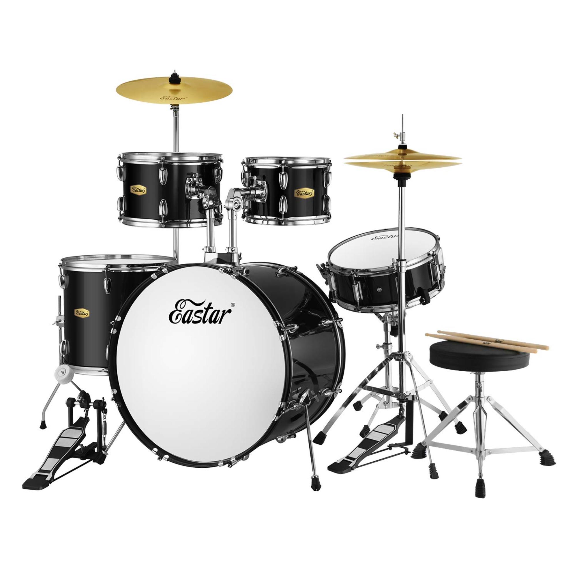 Donner Drum Set Eastar 22 inch for Adults 5 Piece Full Size Drum Kit Junior Beginner with Pedal Cymbals Stands Stool and Sticks Mirror Black