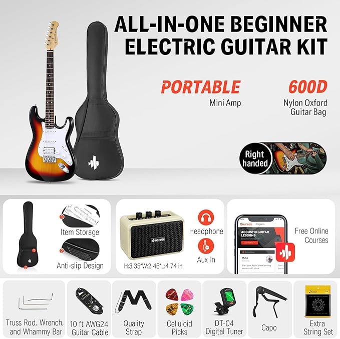 Donner DST-100S 39 Inch Full Size Electric Guitar Kit Solid Body Sunburst Beginner Starter with Amplifier Bag Capo Strap String Tuner Cable Picks