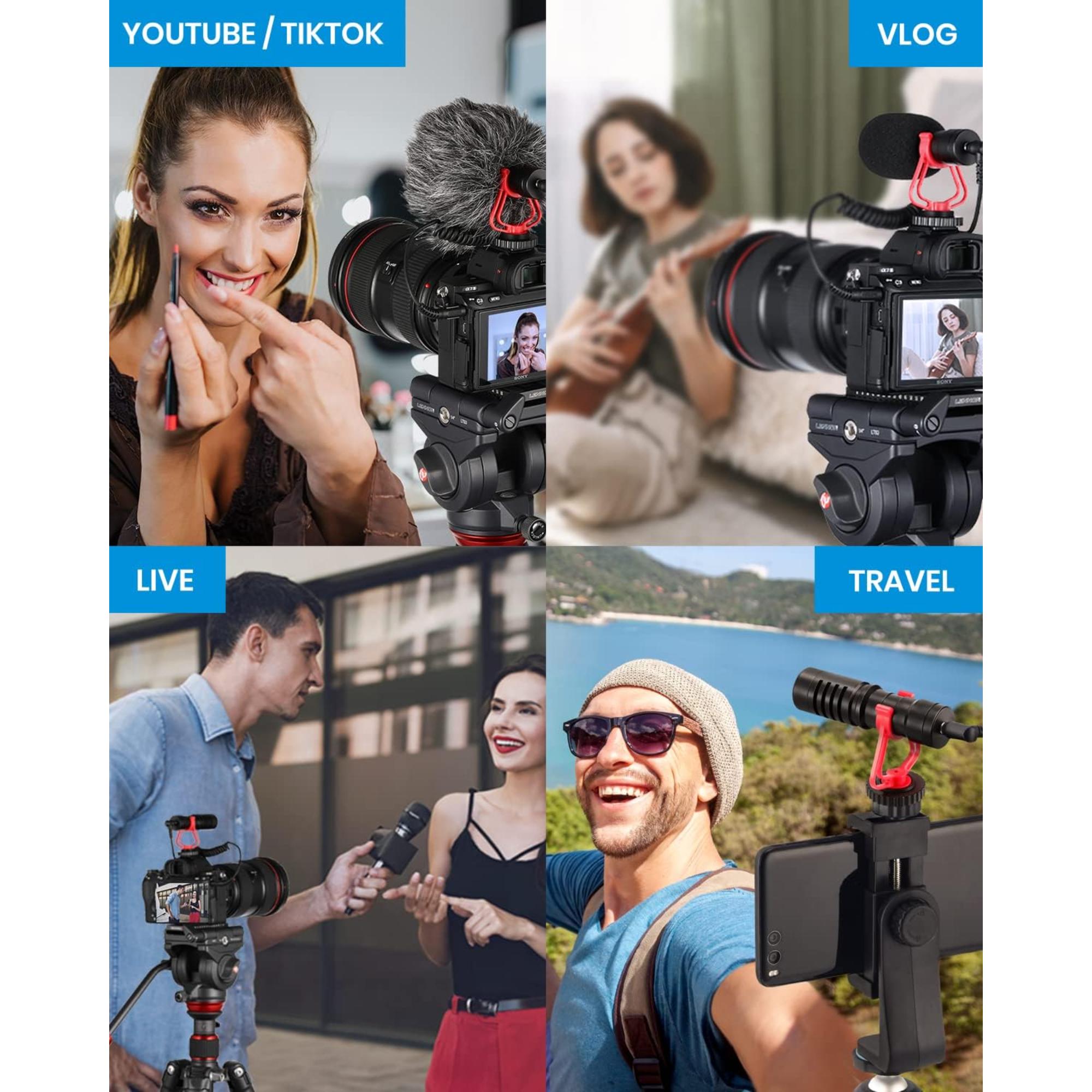 Moukey MCM-1 Video Microphone Camera Microphone with Shock Mount Windshield Professional Vlogging Kit for iPhone Android Smartphone DSLR Camera Camcorder Battery-Free Shotgun Mic