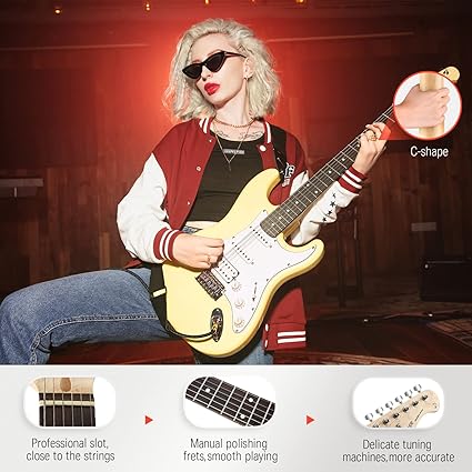 Donner DST-100W 39 Inch Full Size Electric Guitar Kit Solid Body Vintage white Beginner Starter with Amplifier Bag Capo Strap String Tuner Cable Picks