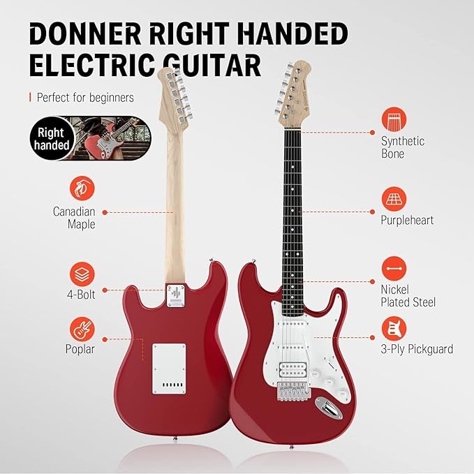 Donner DST-100R 39 Inch Full Size Electric Guitar Kit Solid Body Sonic Red Beginner Starter with Amplifier Bag Capo Strap String Tuner Cable Picks