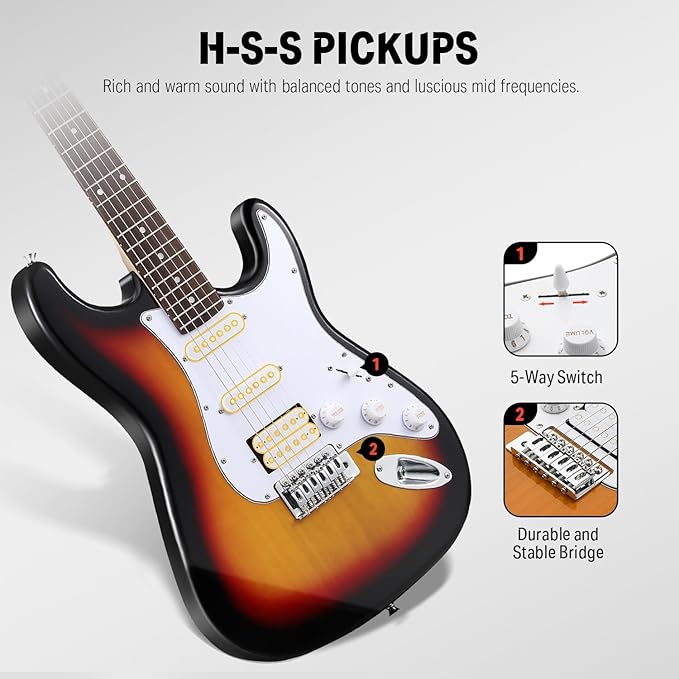 Donner DST-100S 39 Inch Full Size Electric Guitar Kit Solid Body Sunburst Beginner Starter with Amplifier Bag Capo Strap String Tuner Cable Picks