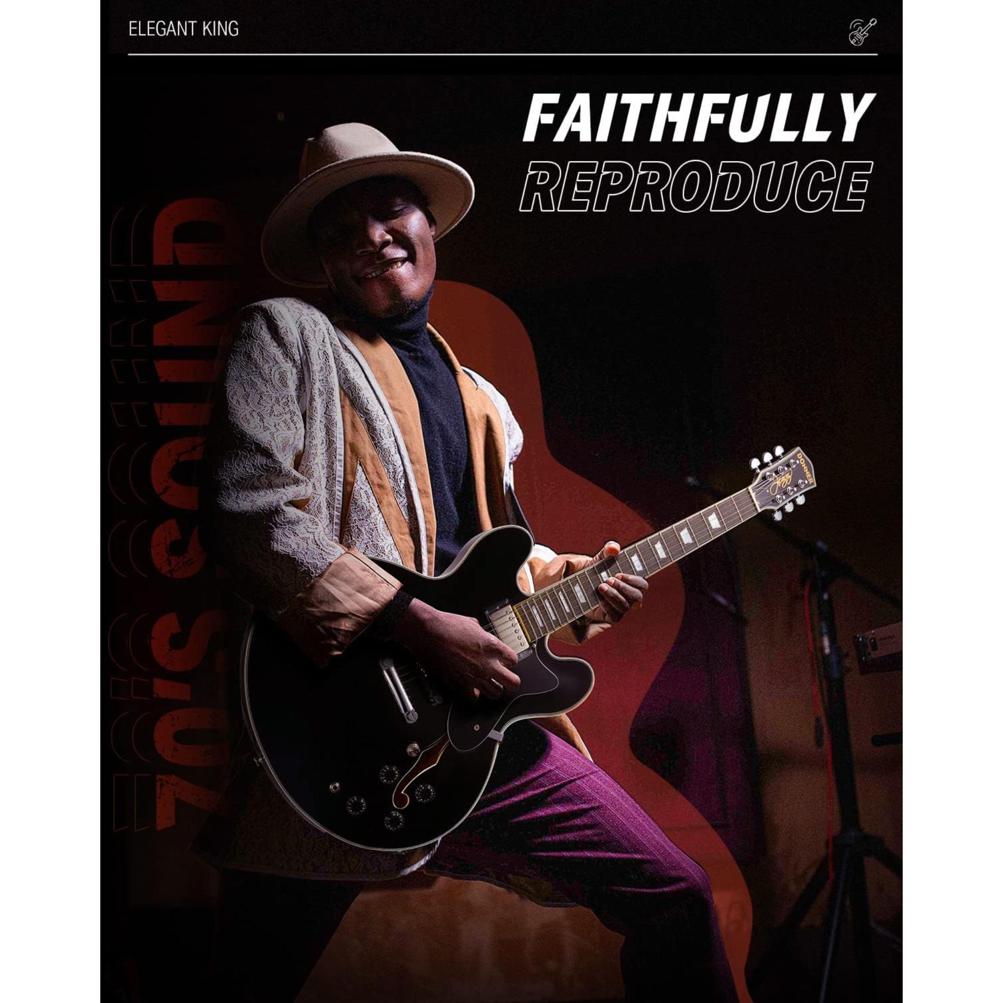 Donner Semi-Hollow Electric Guitar Black DJP-1000 Jazz Guitar with H-H Pickups Coil-splitting Function 335 Electric Guitar Bonus Bag Cable Strap