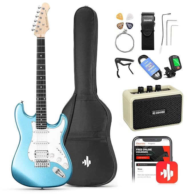 Donner DST-100T 39 Inch Full Size Electric Guitar Kit Solid Body Tidepool Beginner Starter with Amplifier Bag Capo Strap String Tuner Cable Picks