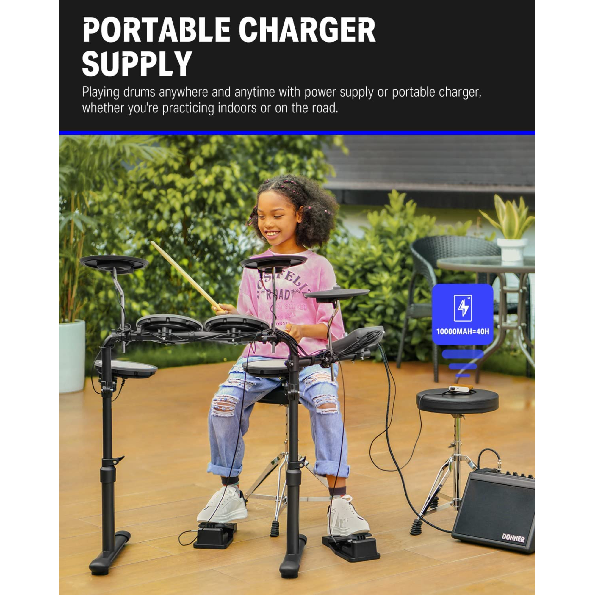 Donner DED-70 Electric Drum Set Quiet Electronic Drum Kit for Beginner with Mesh Pad Portable Drum Set Support Portable Charger Supply Drum Throne Sticks Headphone