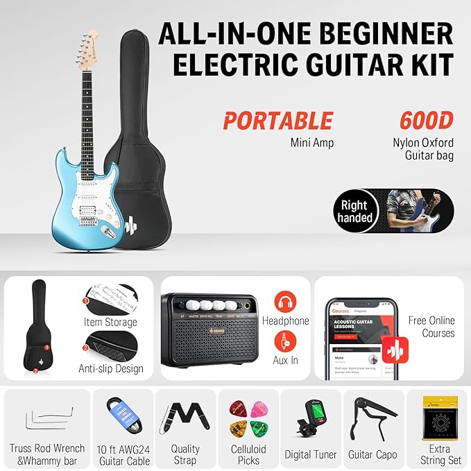 Donner DST-100T 39 Inch Full Size Electric Guitar Kit Solid Body Tidepool Beginner Starter with Amplifier Bag Capo Strap String Tuner Cable Picks
