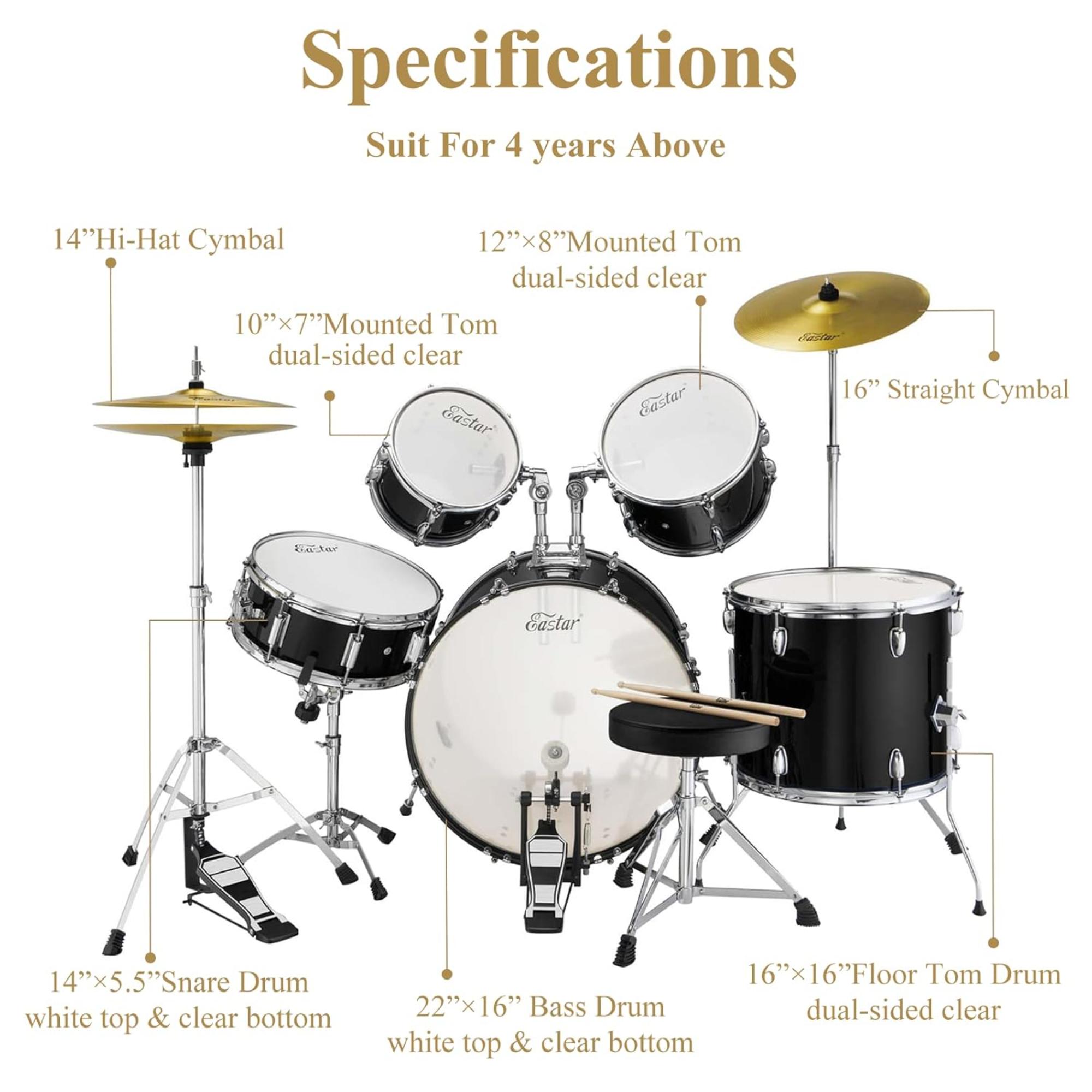 Donner Drum Set Eastar 22 inch for Adults 5 Piece Full Size Drum Kit Junior Beginner with Pedal Cymbals Stands Stool and Sticks Mirror Black