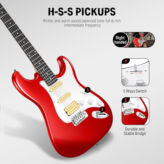 Donner DST-100R 39 Inch Full Size Electric Guitar Kit Solid Body Sonic Red Beginner Starter with Amplifier Bag Capo Strap String Tuner Cable Picks