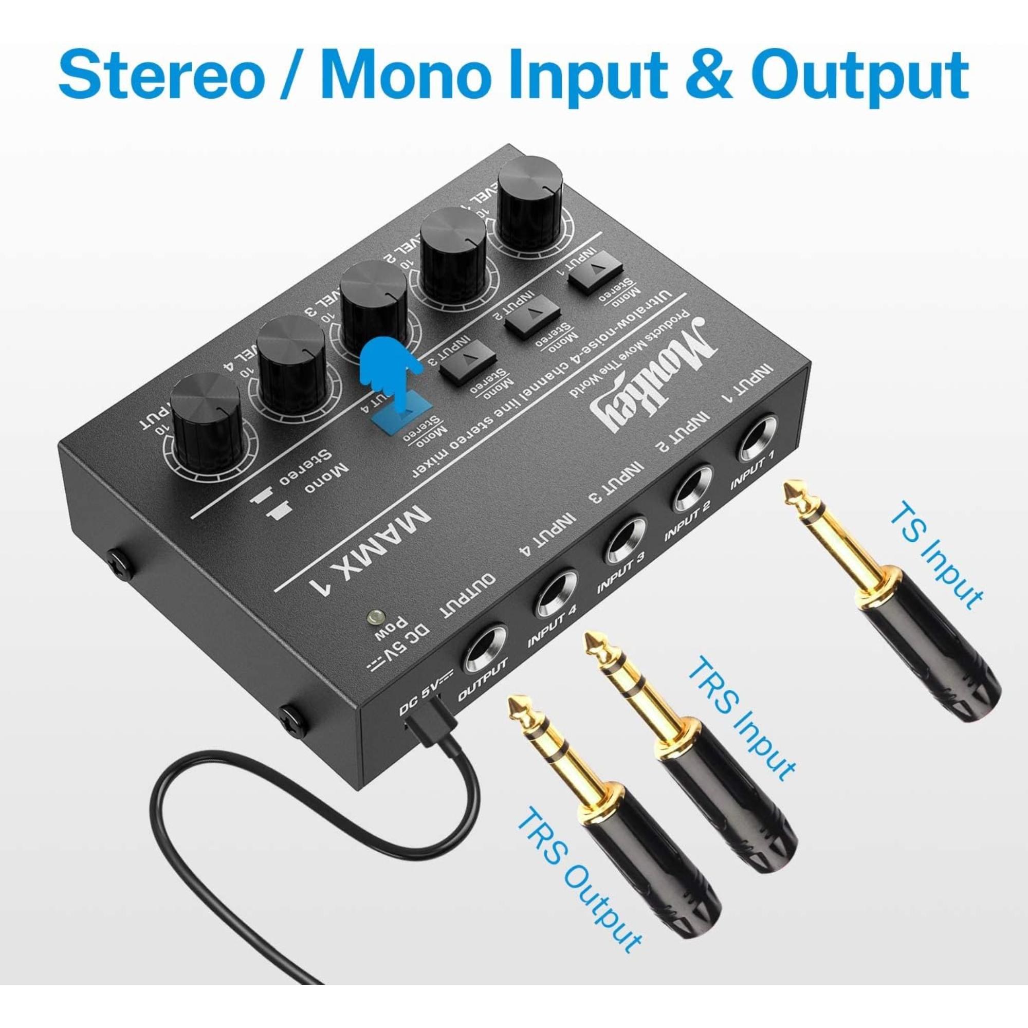 Moukey Mini Audio Mixer Line Mixer DC 5V 4-Stereo Ultra Low-Noise 4-Channel for Sub-Mixing for Small Clubs or Bars As Guitars Bass Keyboards Mixer 2021 New Version-MAMX1